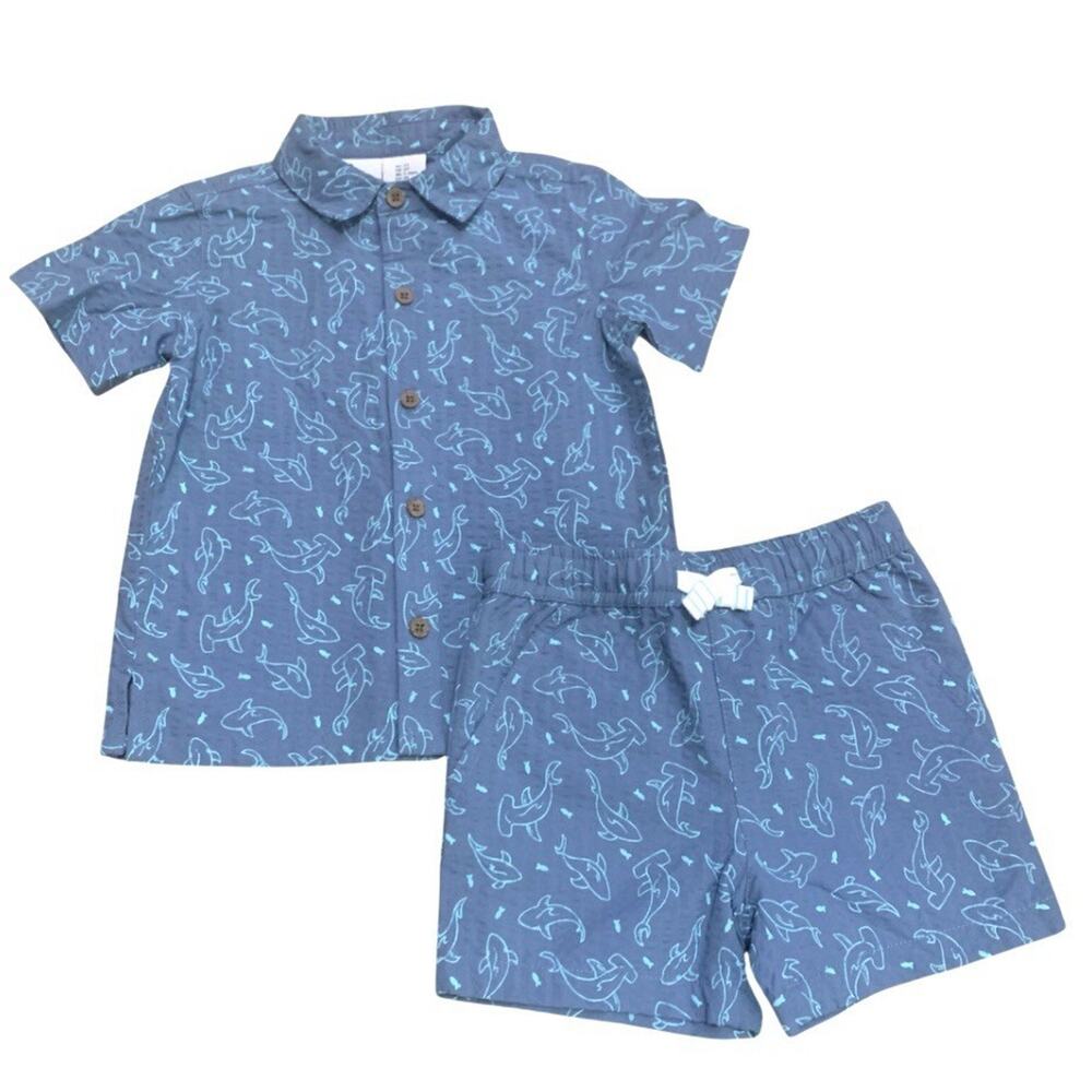 Boys Tommy Bahama 2T 2Pc Set Shark Seersucker Shirt Shorts Blue NWT